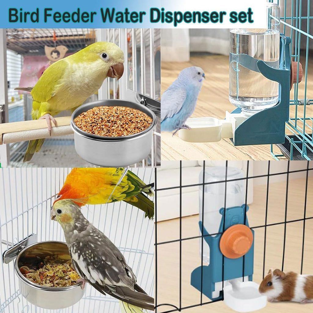 No Mess Bird Feeder Water Dispenser Set, Automatic Parrot Feeder Cage Accessories, Clear Parakeet Seed Container Food Feeder Drinker for Cage, Cockatiel Finch Lovebirds Budgies Canary (Set-A)