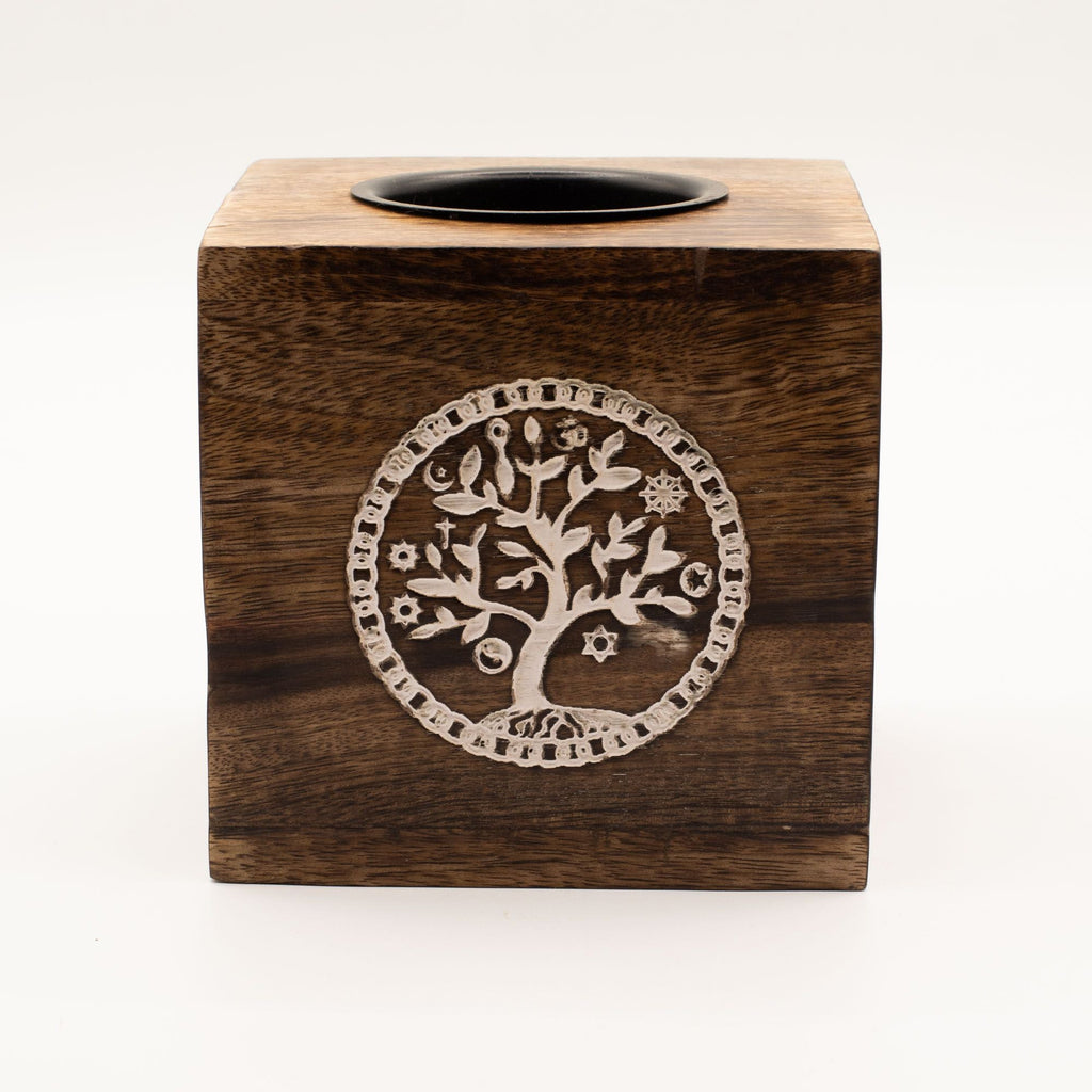 Large Square Mango Wood Oil Burner  - Tree of Life-1