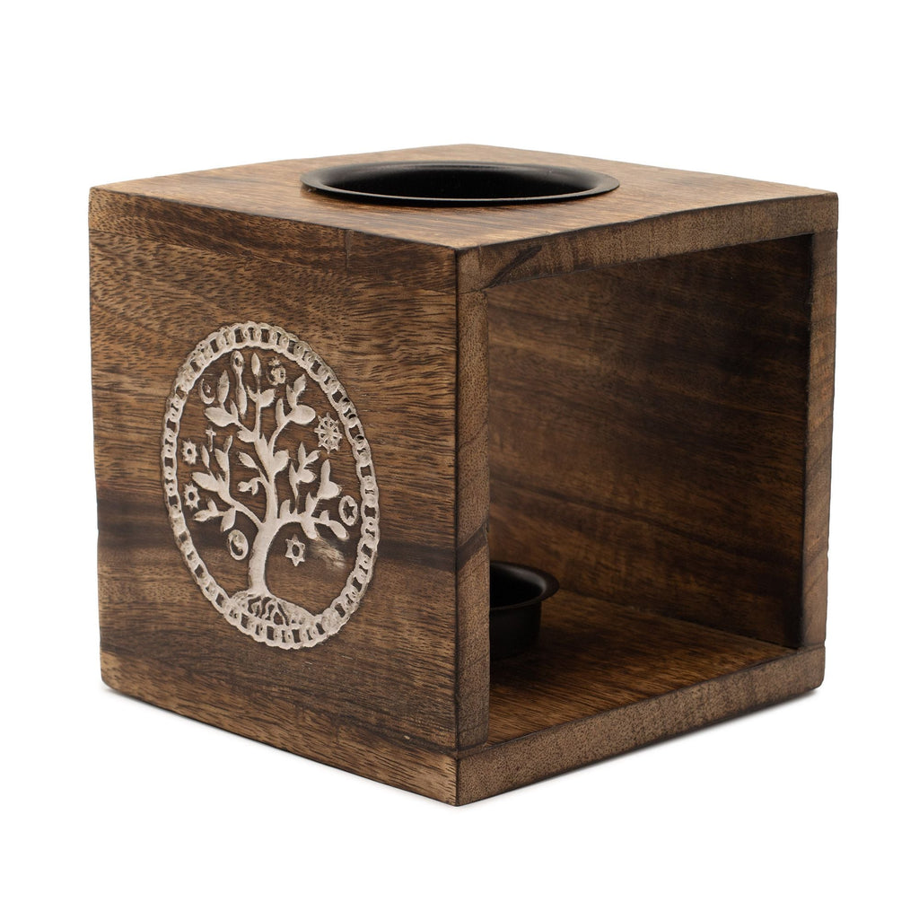 Large Square Mango Wood Oil Burner  - Tree of Life-0