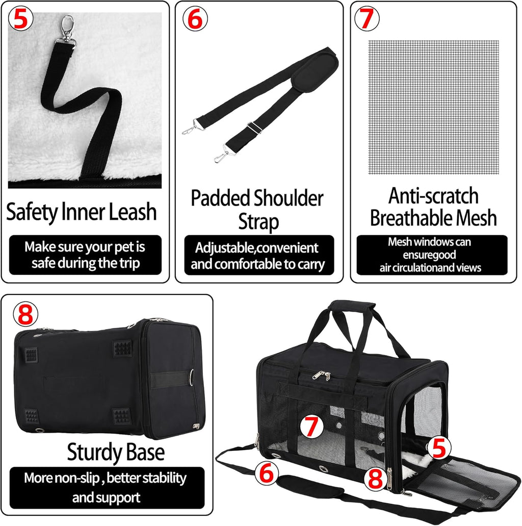 Dycietx Soft Sided Foldable Cat/Dog/Pet/Puppy Carrier Bag, Portable Pets Travel Carriers for Cats/Dogs with Shoulder Strap & Removable Mat, Durable Cat Basket of 17 Lbs Airline Approved(Black, M)