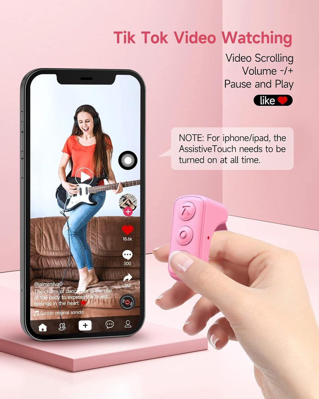 Tiktok Remote Control Ring Finger Scroller Remote E-Book Bluetooth Scrolling Ring Page Turner,Compatible with Iphone,Ipad,Android(Pink)