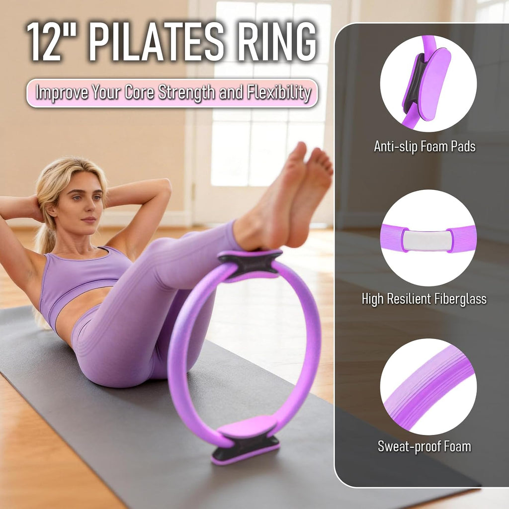 Pilates Equipment 15PCS Essential Kit, Home Workout Pilates Starter Ring Kits for Women Beginners, Yoga Ball, Resistance Bands, Non-Slip Wrist Straps, Fitness Exercise Equipment for Home Use