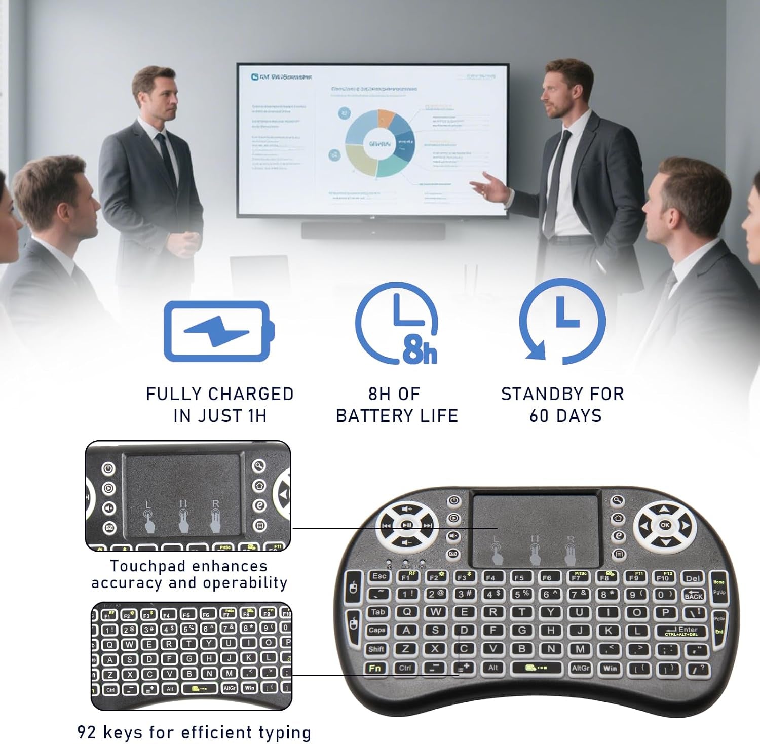 Mini Bluetooth Keyboard with Touchpad, 2.4Ghz Wireless Multimedia Keyboard Handheld Remote, 7 Colors Small Keyboard with Backlit Rechargeable Battery for PC Laptop Smart TV Raspberry Pi KODI TV Box