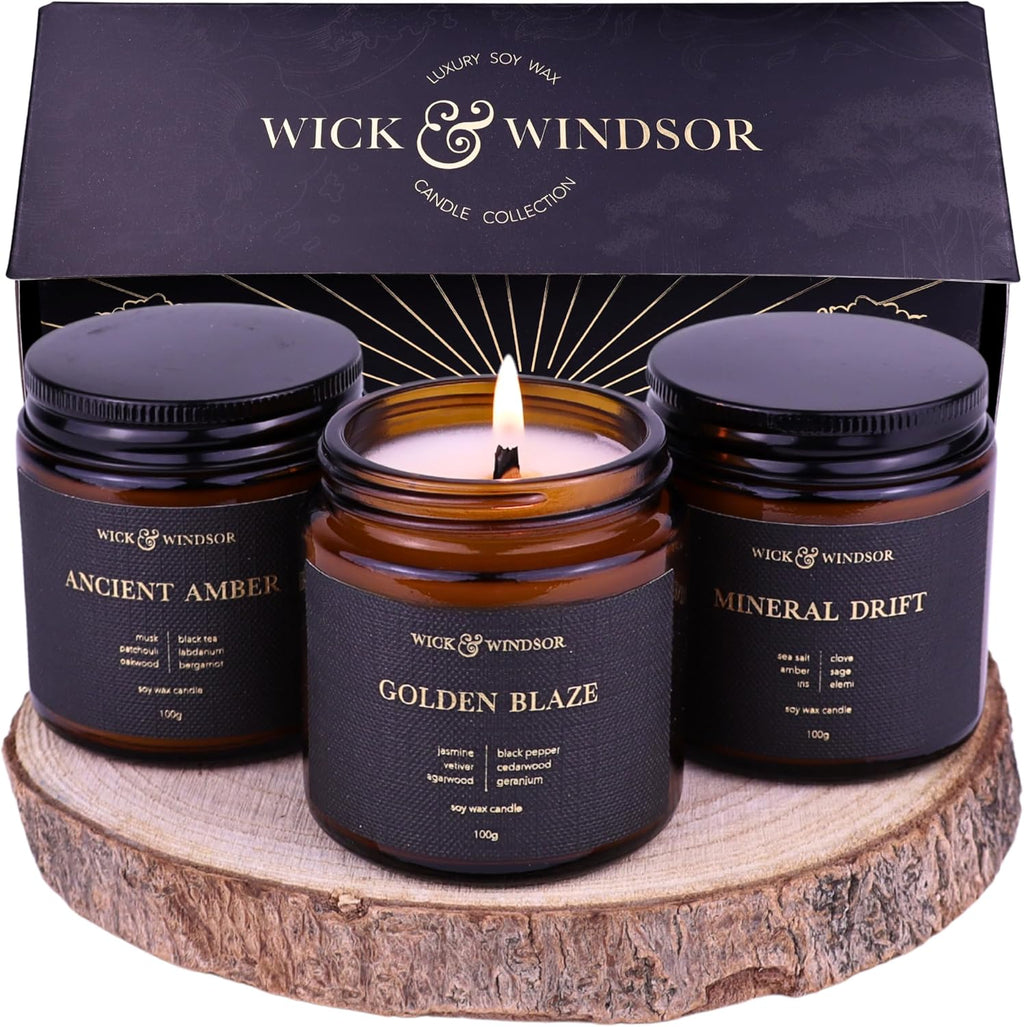 | Scented Candle Gift Set | Origins Collection | 3 Luxury Soy Wax Candles | Wooden Wick | 3×100G | Amber, Black Pepper & Sea Salt | Gift for Him - Birthday, Christmas & Father'S Day