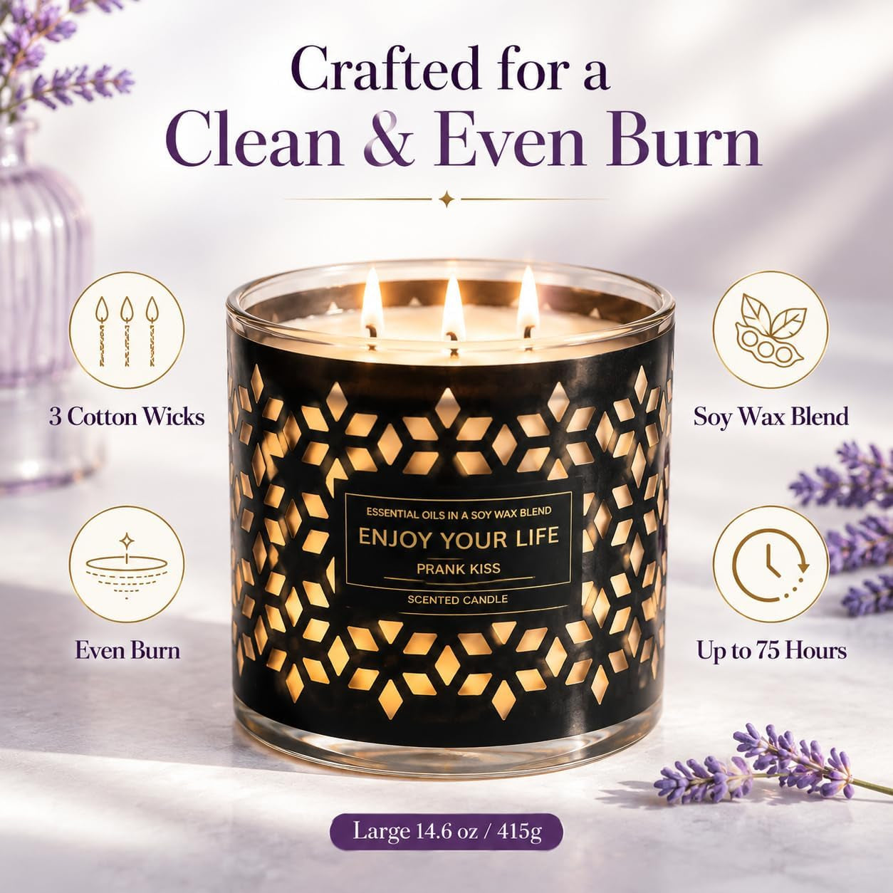 3-Wick Lavender Scented Candle 14Oz Soy Wax Large Jar Gift Set for Home