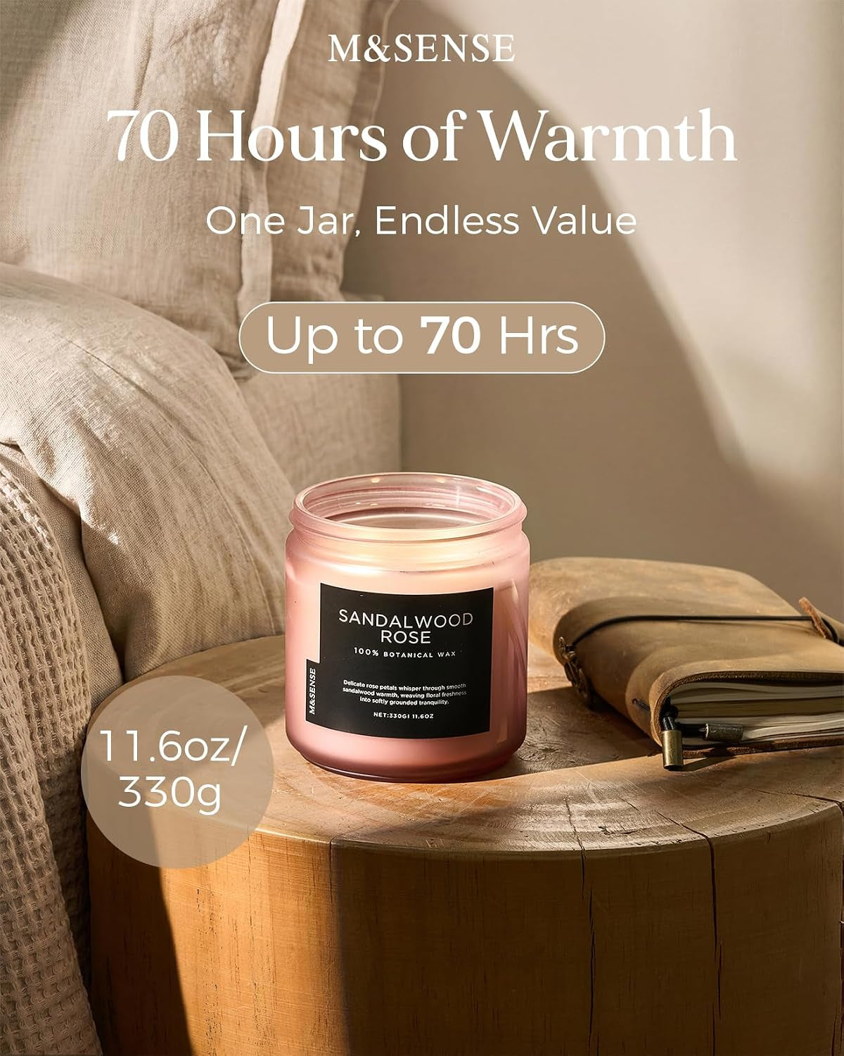 Sandalwood Rose Medium Aromatherapy Candles for Relaxing Stress Relief 330G 70H Soy Wax Scented Candles Gifts for Women Men 2 Wick Organic Non Toxic Home Fragrance Candles for Bedroom