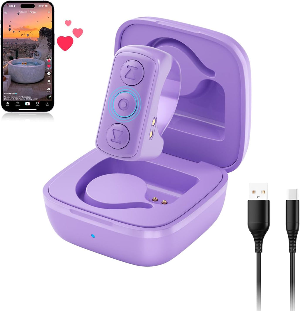 Tiktok Scrolling Ring, Bluetooth Remote Control Page Turner for Ios Ipad Android, Finger Scroller for Tiktok Camera Video Shutter Selfie Button - Purple