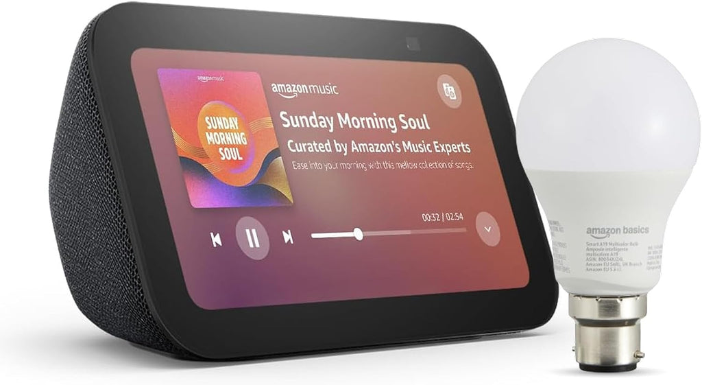Echo Show 5 (Newest Gen) | Charcoal +  Basics Smart Bulb (B22), Works with Alexa - Smart Home Starter Kit