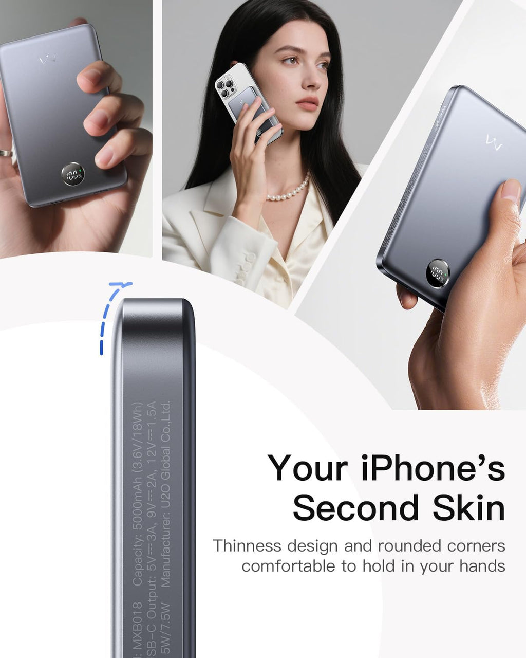 Magnetic Portable Charger, 5,000Mah Ultra-Slim Power Bank Wireless Charging Battery Pack with LED Power Display, Comfortable Grip Powerbank Compatible with Iphone 17/16/15/14/13 Series, Gray
