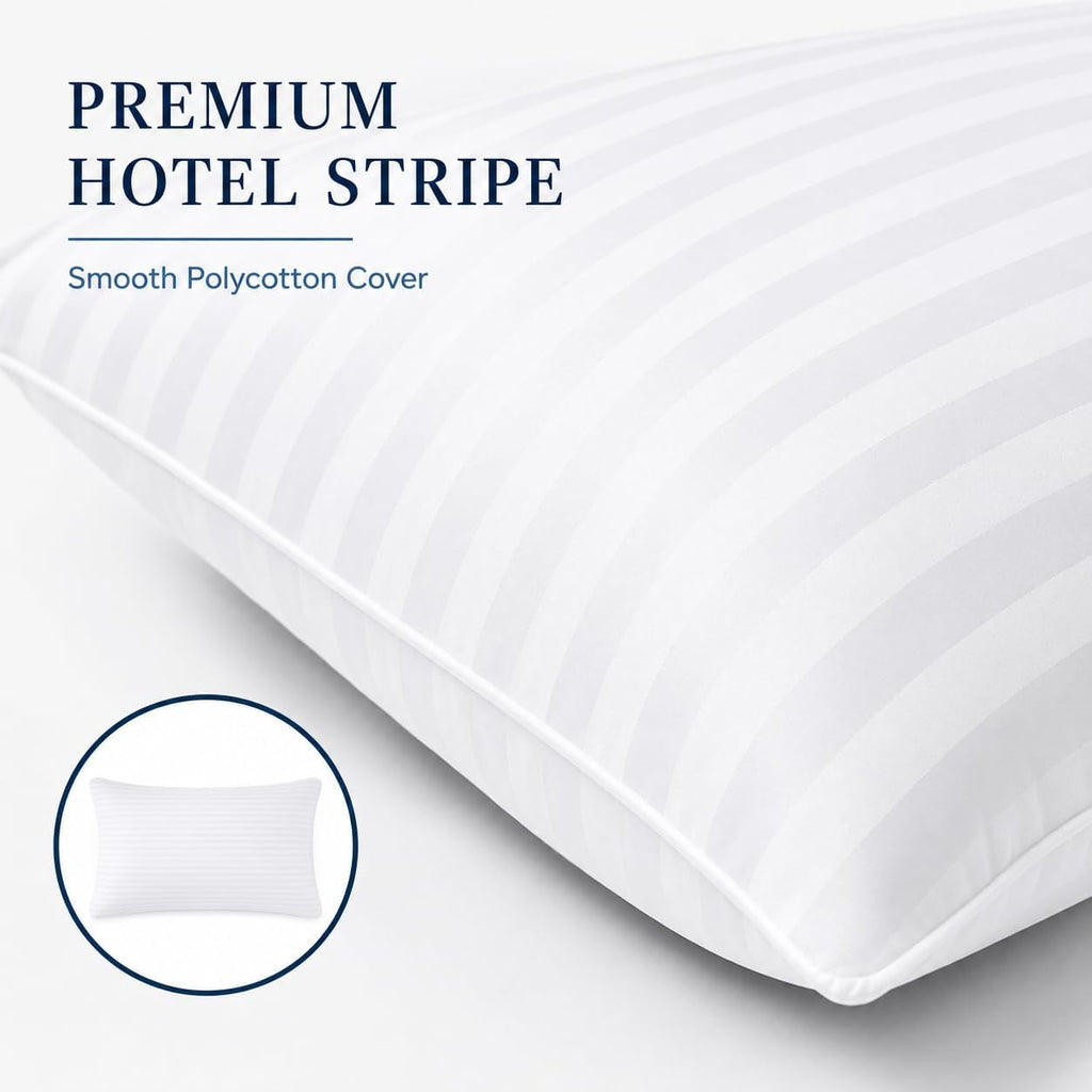 4 Pack Hotel Quality Stripe Pillow - Bounce Back Pillow Cotton Blend with Virgin Hollowfibre - Firm Support anti Allergy Machine Washable - 48X74Cm White Stripe - Pack of 4