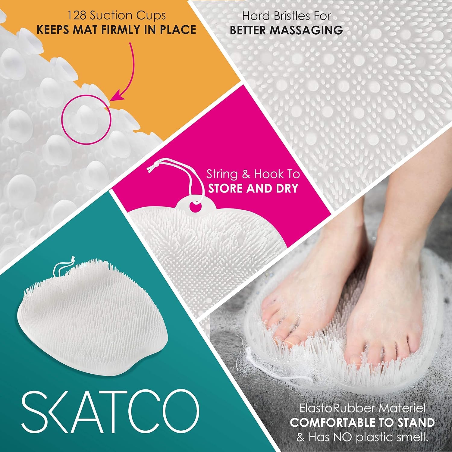Foot Scrubber for Shower and Body Brush Set. Comfortable to Stand Shower Feet Scrubber No Plastic Smell - Wet and Dry Brush Body Massager. Skin Care and Foot Care Shower Accessories - Clear