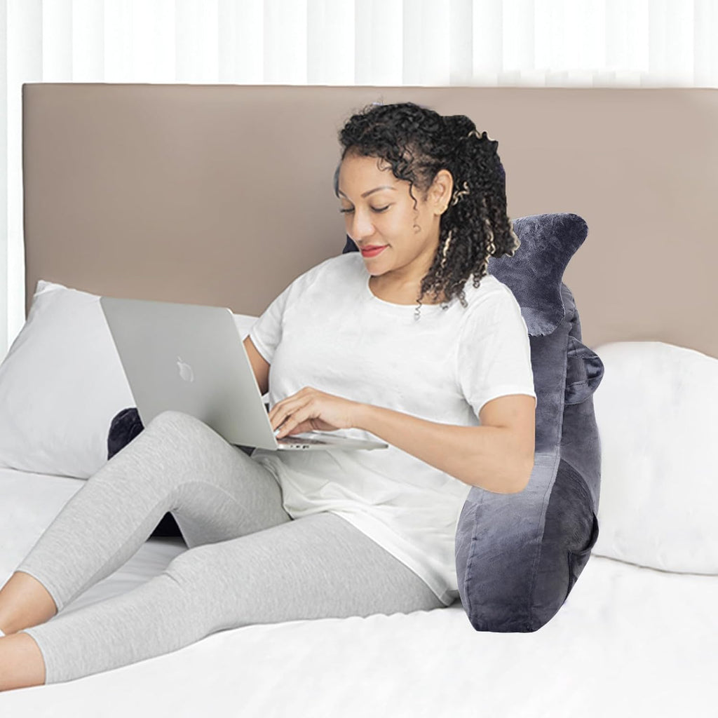 Reading Pillow for Sitting in Bed Couch Adult, Back Pillow with Arm Support and Pockets, Adult Back Pillow Bed Chair for Bed Rest, Reading, Watching TV, Gaming for Boys and Girls Dark Grey