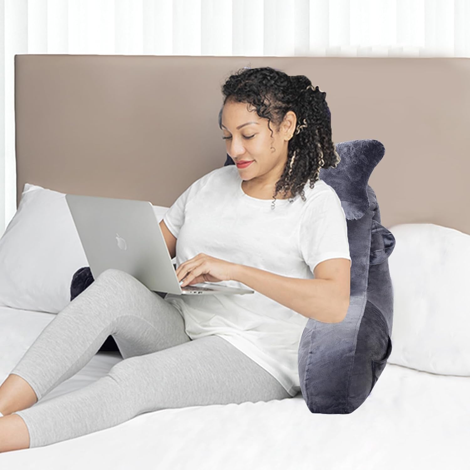 Reading Pillow for Sitting in Bed Couch Adult, Back Pillow with Arm Support and Pockets, Adult Back Pillow Bed Chair for Bed Rest, Reading, Watching TV, Gaming for Boys and Girls Dark Grey