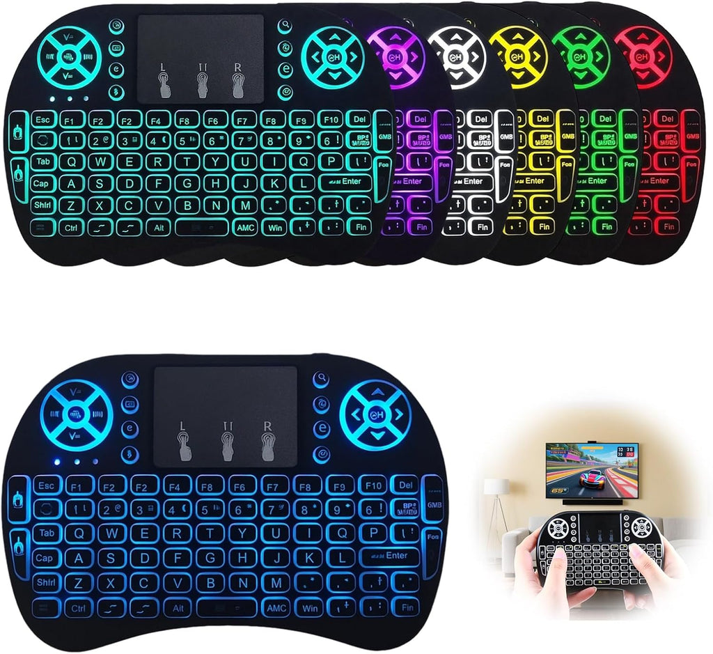 Mini Bluetooth Keyboard with Touchpad, 2.4Ghz Wireless Multimedia Keyboard Handheld Remote, 7 Colors Small Keyboard with Backlit Rechargeable Battery for PC Laptop Smart TV Raspberry Pi KODI TV Box
