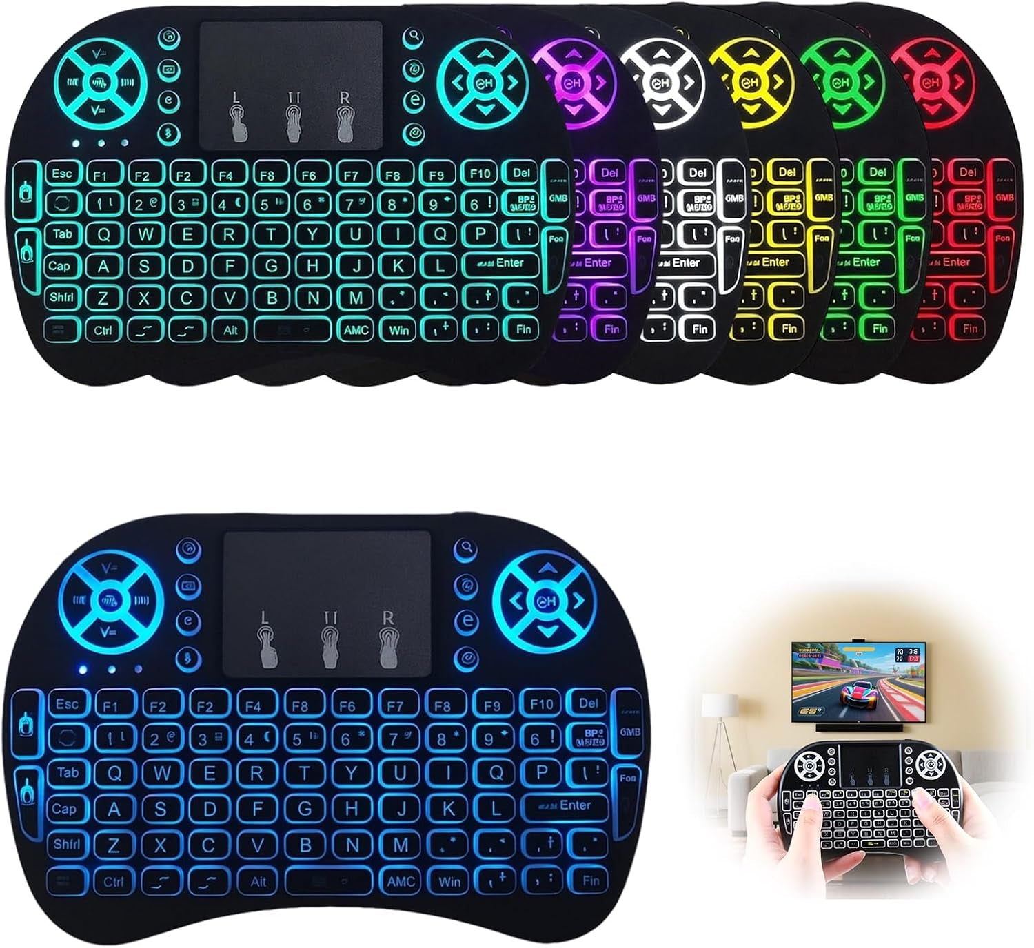 Mini Bluetooth Keyboard with Touchpad, 2.4Ghz Wireless Multimedia Keyboard Handheld Remote, 7 Colors Small Keyboard with Backlit Rechargeable Battery for PC Laptop Smart TV Raspberry Pi KODI TV Box