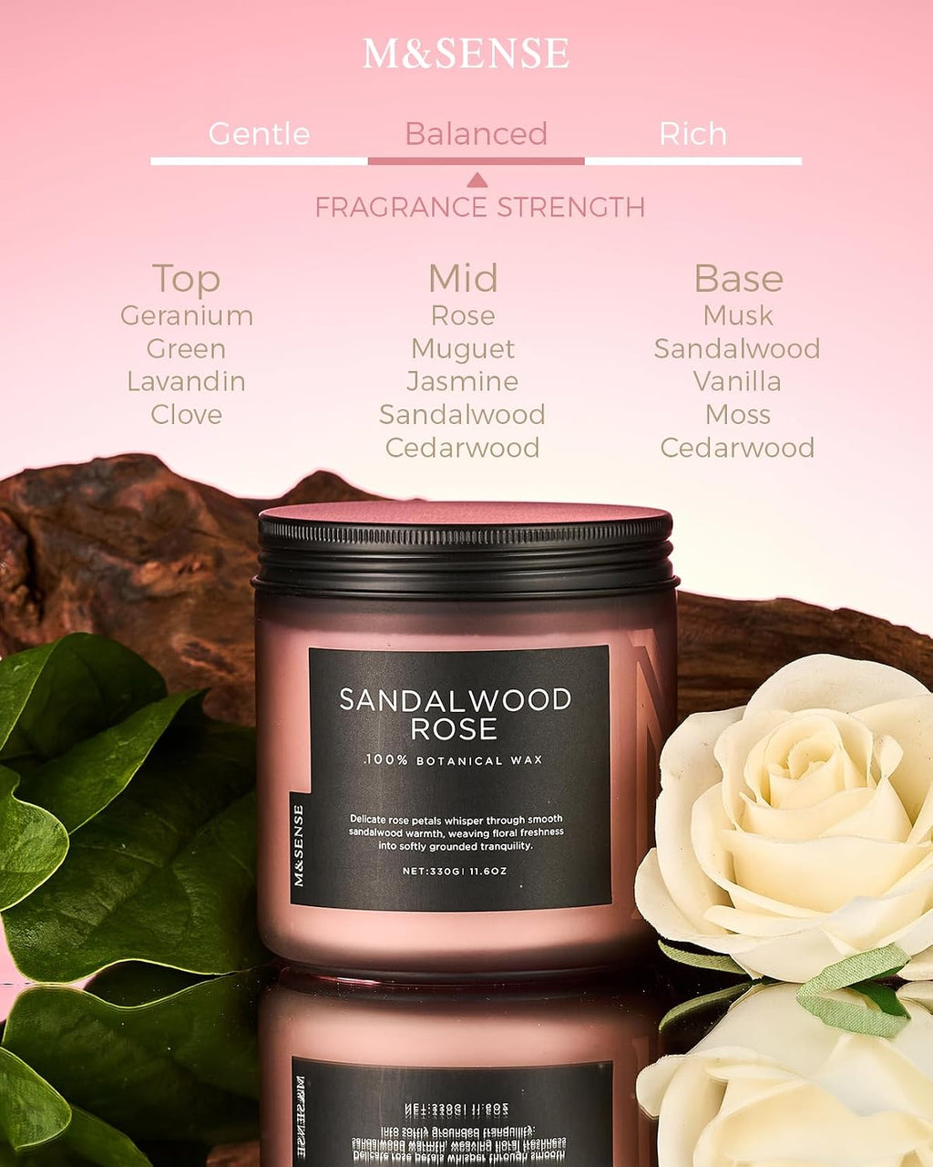 Sandalwood Rose Medium Aromatherapy Candles for Relaxing Stress Relief 330G 70H Soy Wax Scented Candles Gifts for Women Men 2 Wick Organic Non Toxic Home Fragrance Candles for Bedroom
