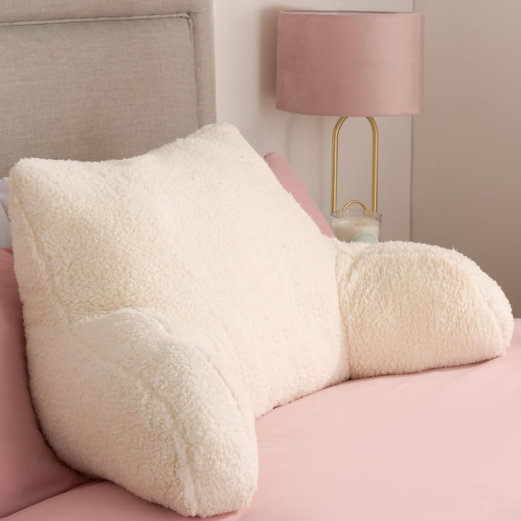 Reading Pillow Teddy Fleece Cream, Cuddle Cushion for Adults Super Soft Cosy Back Support Cushion with Arms Comfy Back Pillow for Bed Relaxing Comfy