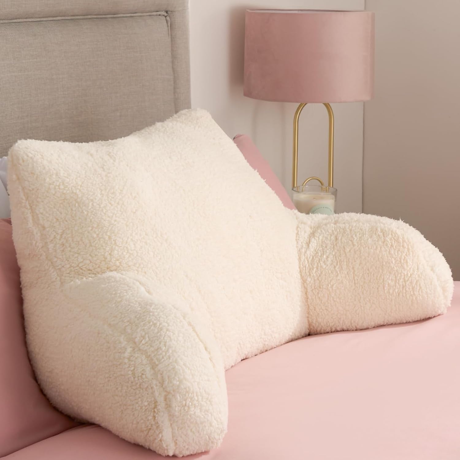 Reading Pillow Teddy Fleece Cream, Cuddle Cushion for Adults Super Soft Cosy Back Support Cushion with Arms Comfy Back Pillow for Bed Relaxing Comfy
