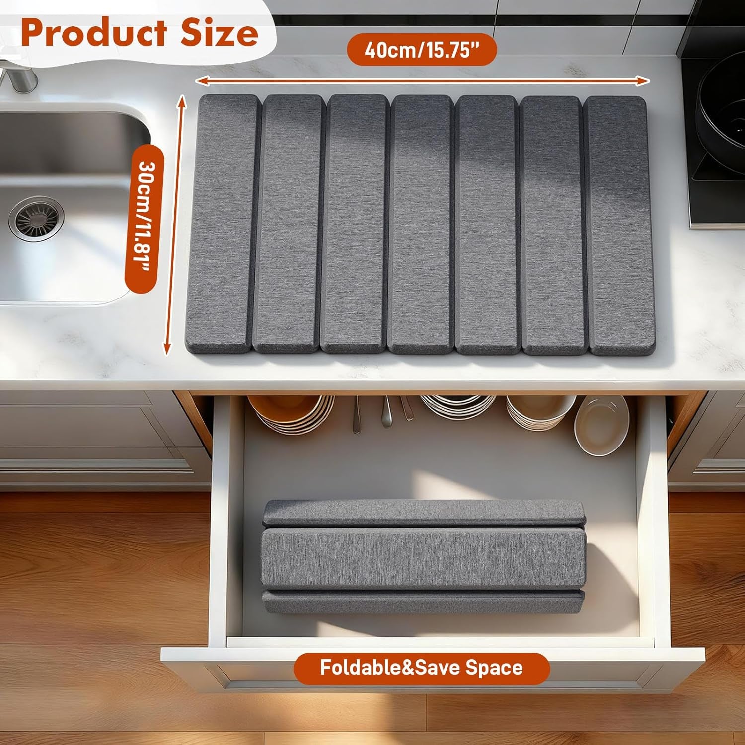 40X30Cm Stone Drying Mat for Kitchen Counter (Dark Grey)