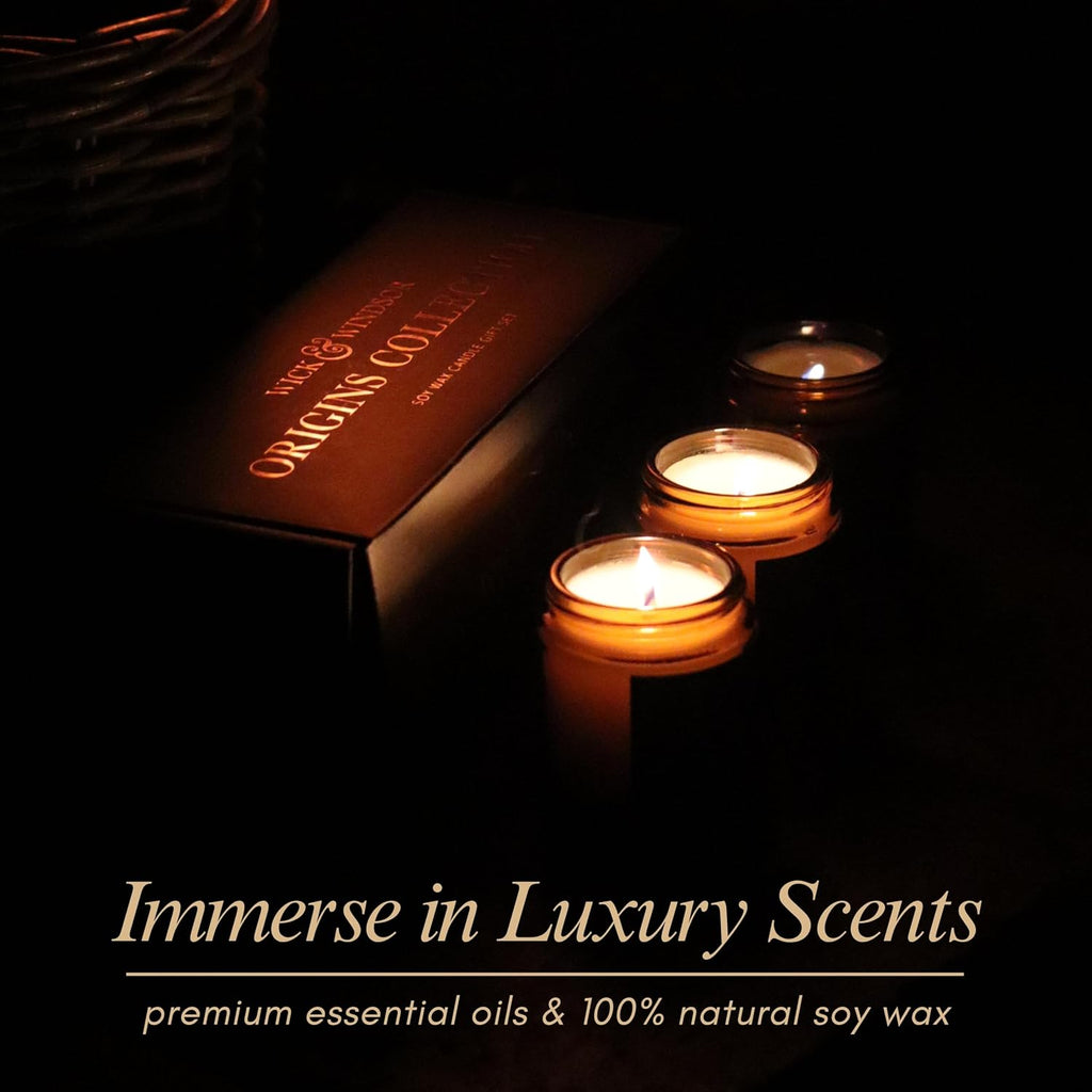 | Scented Candle Gift Set | Origins Collection | 3 Luxury Soy Wax Candles | Wooden Wick | 3×100G | Amber, Black Pepper & Sea Salt | Gift for Him - Birthday, Christmas & Father'S Day