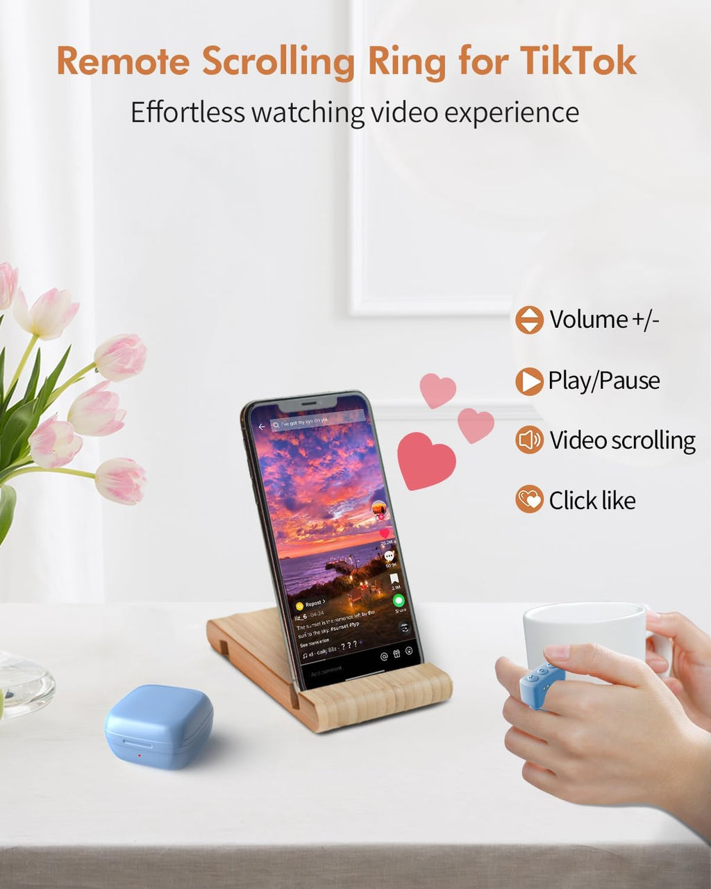 Tiktok Scrolling Ring, Bluetooth Remote Control Page Turner for Ios Ipad Android, Finger Scroller for Tiktok Camera Video Shutter Selfie Button - Blue