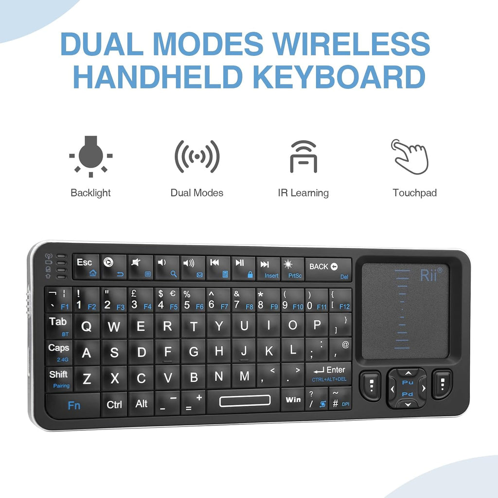 Mini Wireless Keyboard with Trackpad, IR Remote, Small Keyboard for Home Entertainment, Smart TV, Mac, Laptop, Windows, Tablet, Projector (2.4G+Bluetooth, Rechargeable, Backlit)