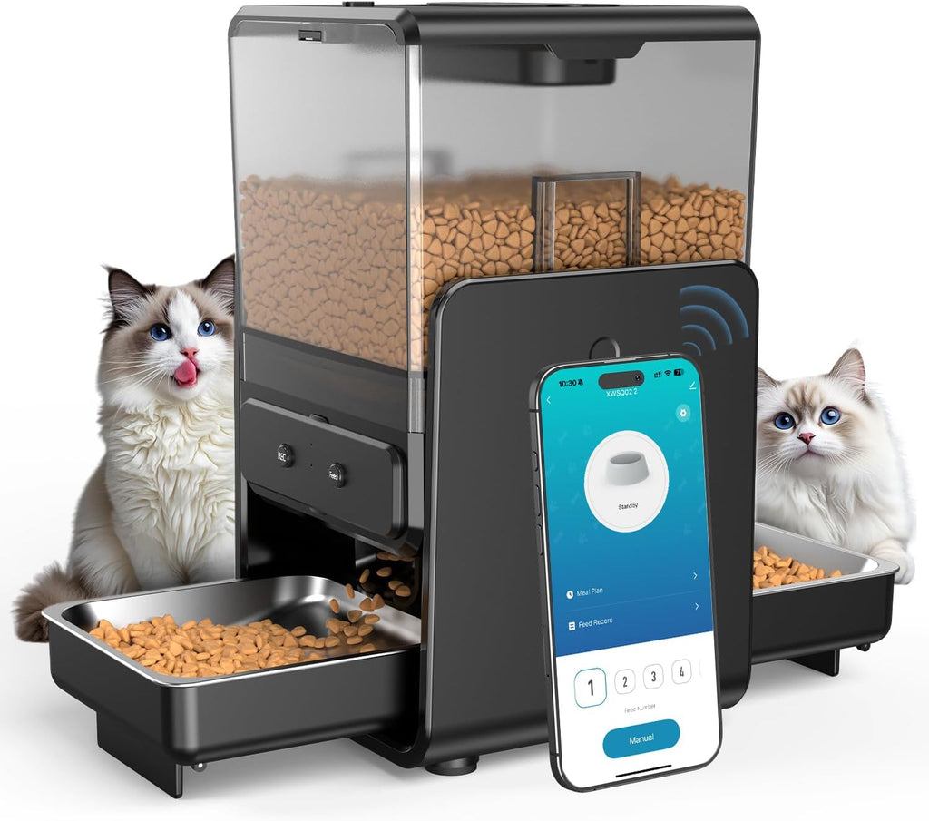 Automatic Cat Feeder with 5G Wifi for 2 Cats, Adjustable Height for Small Pets, Dual Bowls, 20 Cups/5L Dry Food Auto Pet Dispenser, Voice Record, Timed Cat Feeder with APP Control