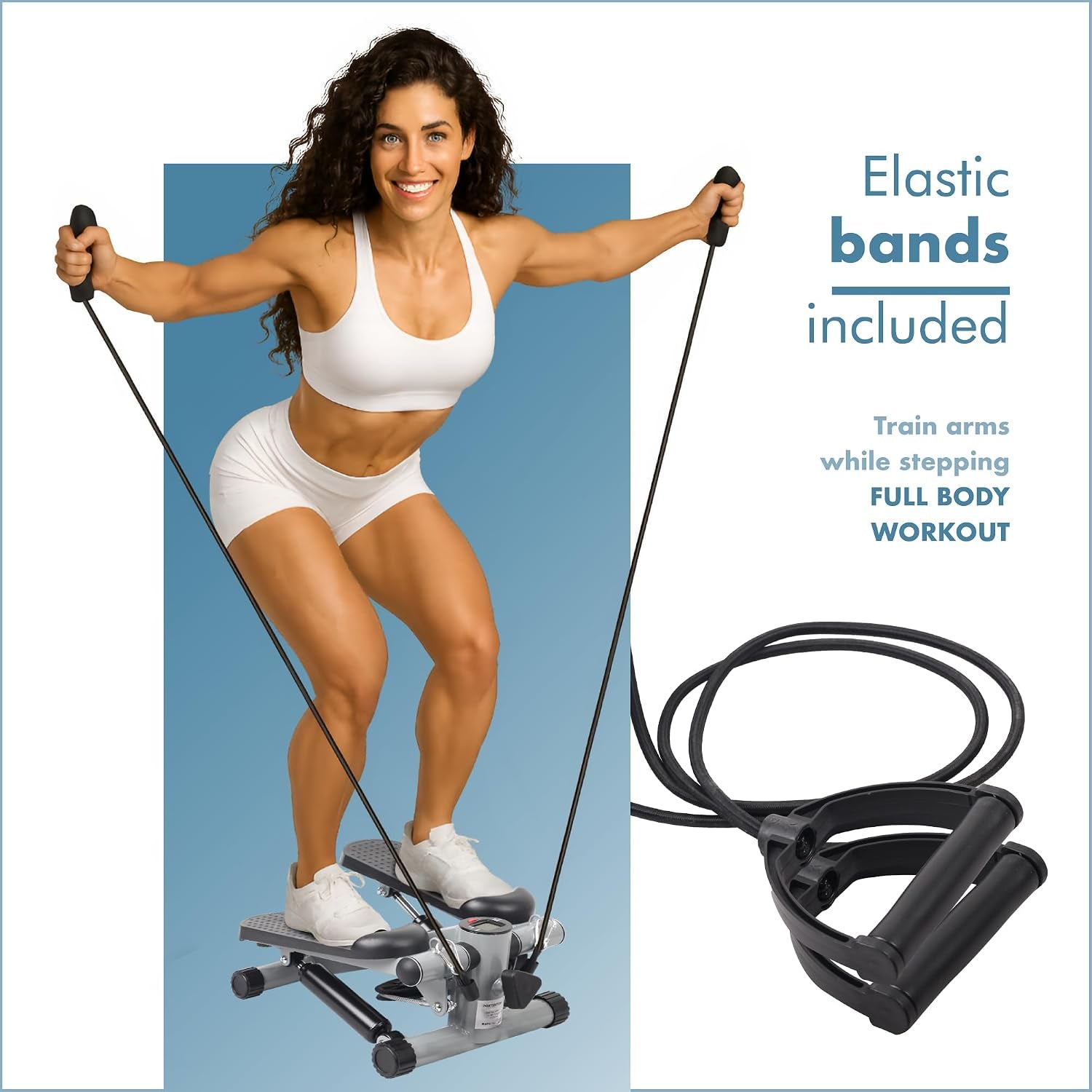 Mini Steppers for Exercise Workout with Resistance Bands and LCD Display 5 Functions — Stepper 3-In-1 for Legs, Glutes and Arms — Adjustable Intensity — Easy to Store Home Workout Equipment