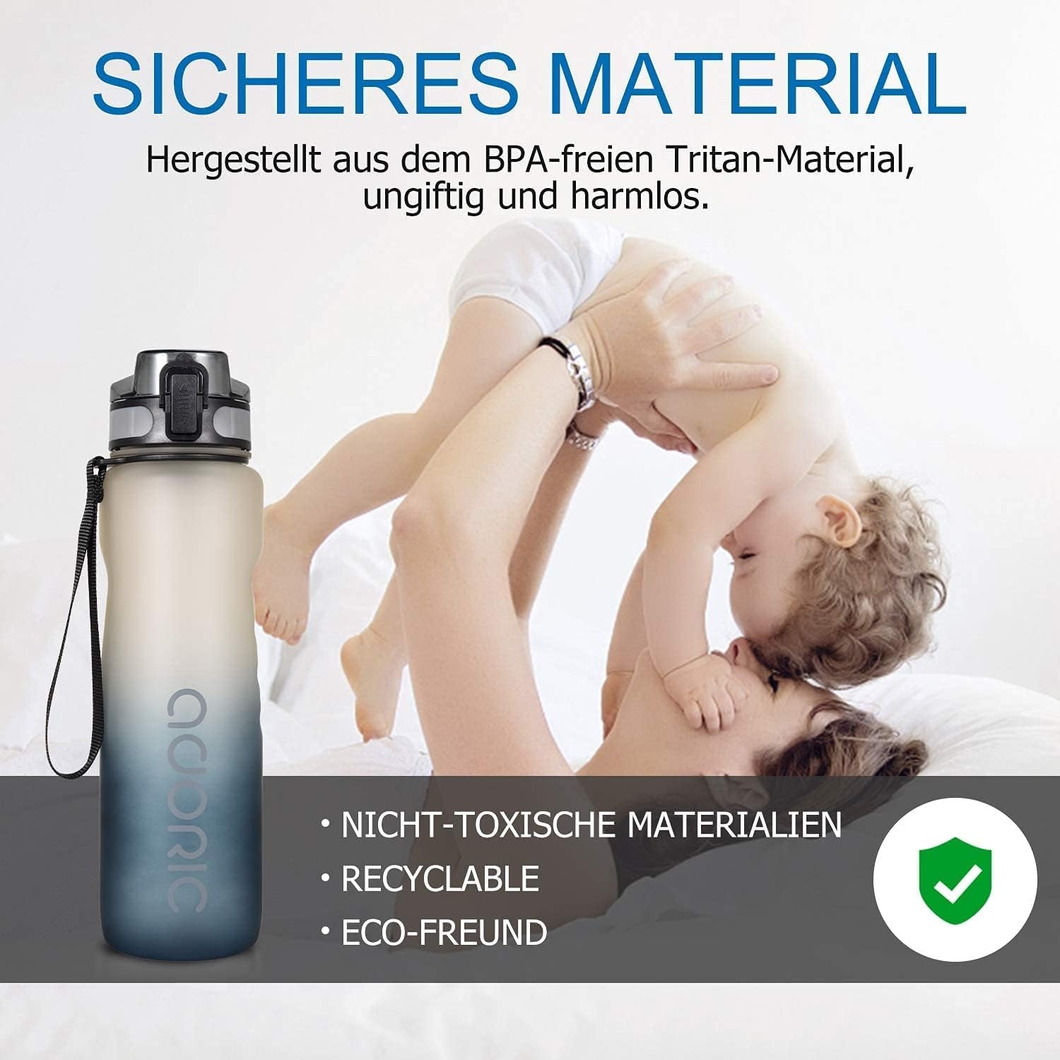 Water Bottle 1L, BPA Free Tritan Leakproof Gym Bottle, Gradient Gray