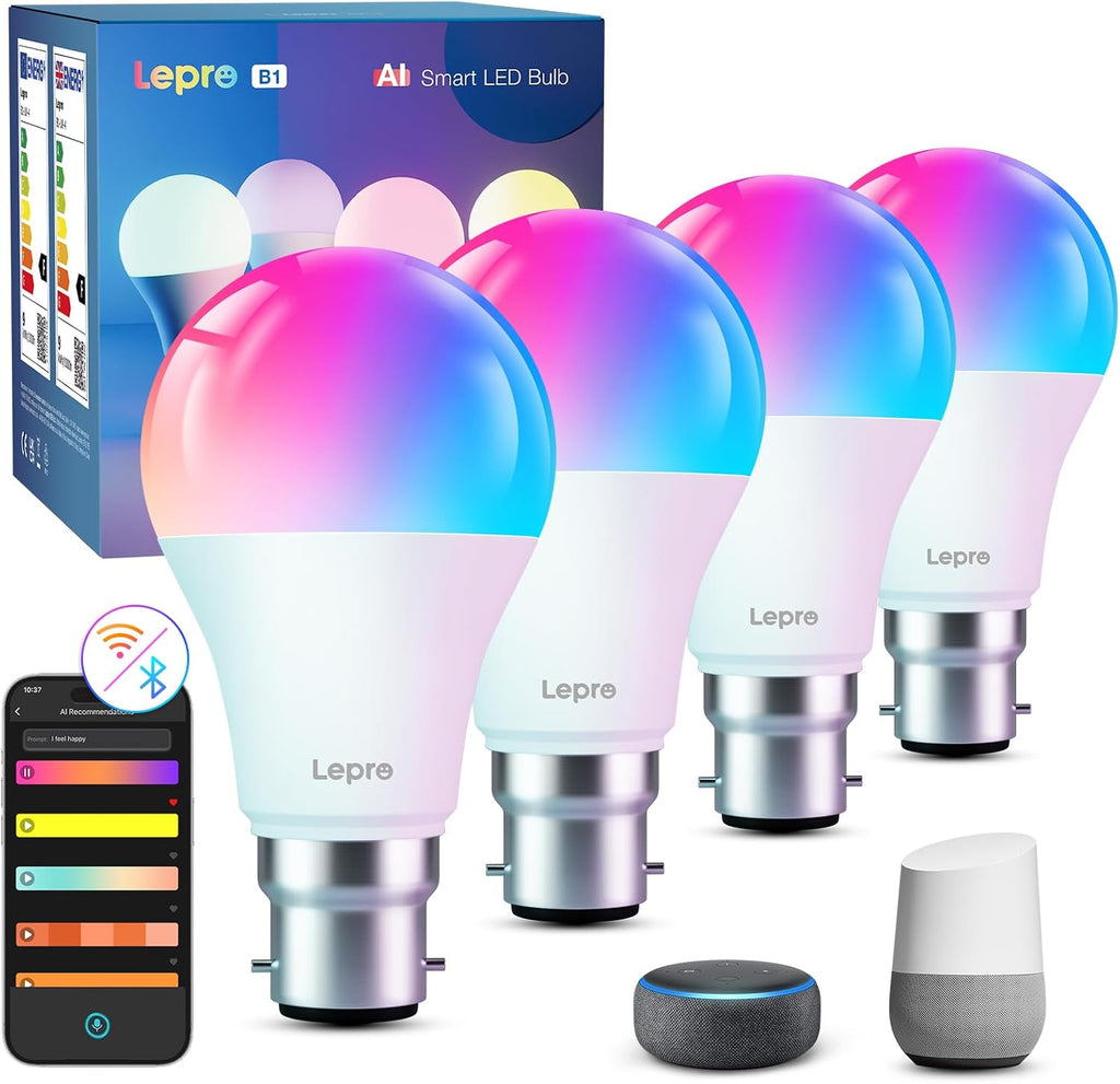 AI B22 Smart Bulb, 8.5W 806Lm, Tunable White Wifi Bulbs, 4 Packs