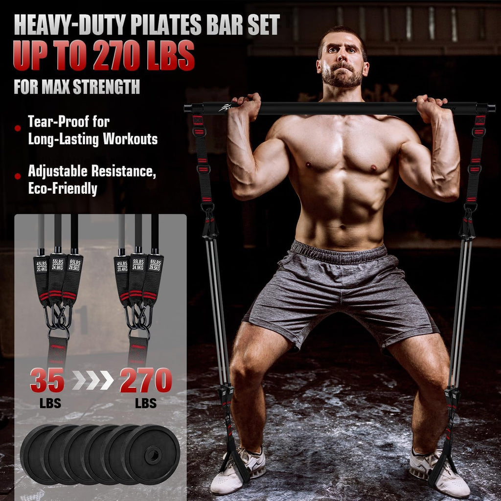 Pilates Bar Kit with Resistance Bands, Heavy Multifunctional 270Lbs Pilates Equipment for Strength Training, Abs, Back, Arms, Portable Home Gym & Travel Fitness Gear, Exercise Bands for Men