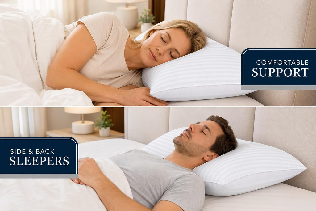 4 Pack Hotel Quality Stripe Pillow - Bounce Back Pillow Cotton Blend with Virgin Hollowfibre - Firm Support anti Allergy Machine Washable - 48X74Cm White Stripe - Pack of 4