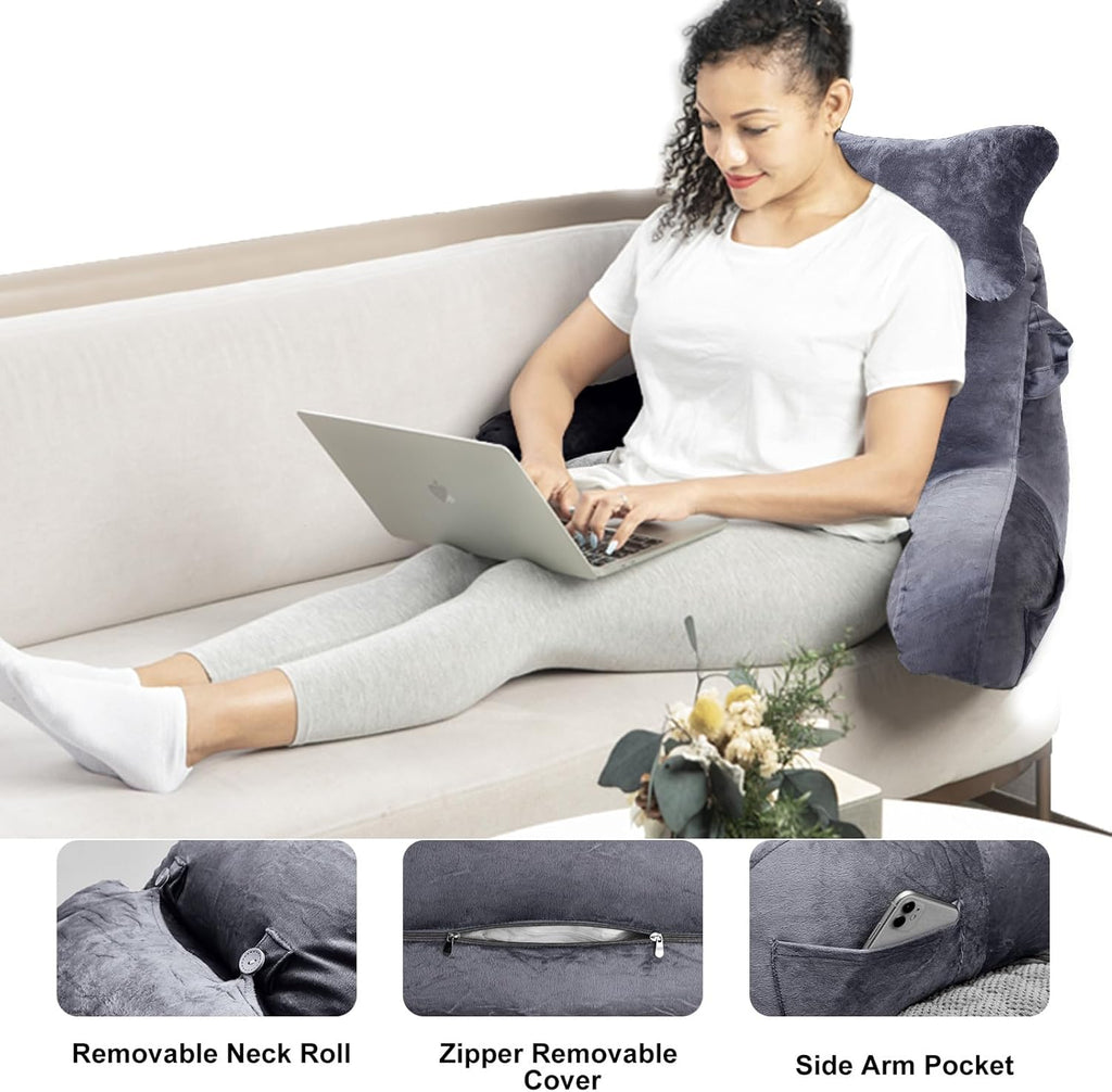 Reading Pillow for Sitting in Bed Couch Adult, Back Pillow with Arm Support and Pockets, Adult Back Pillow Bed Chair for Bed Rest, Reading, Watching TV, Gaming for Boys and Girls Dark Grey