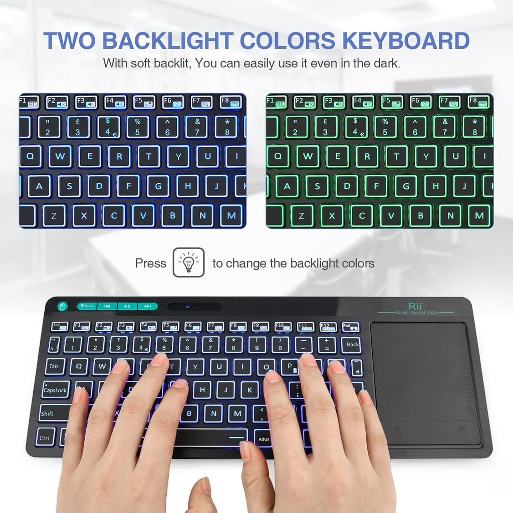 Wireless Keyboard with Touchpad, RT518S Bluetooth Keyboard Dual Mode Backlit Multimedia Keyboard Rechargeable for Android TV Box,Pc,Tablets,Smart TV, HTPC, Iptv,Windows