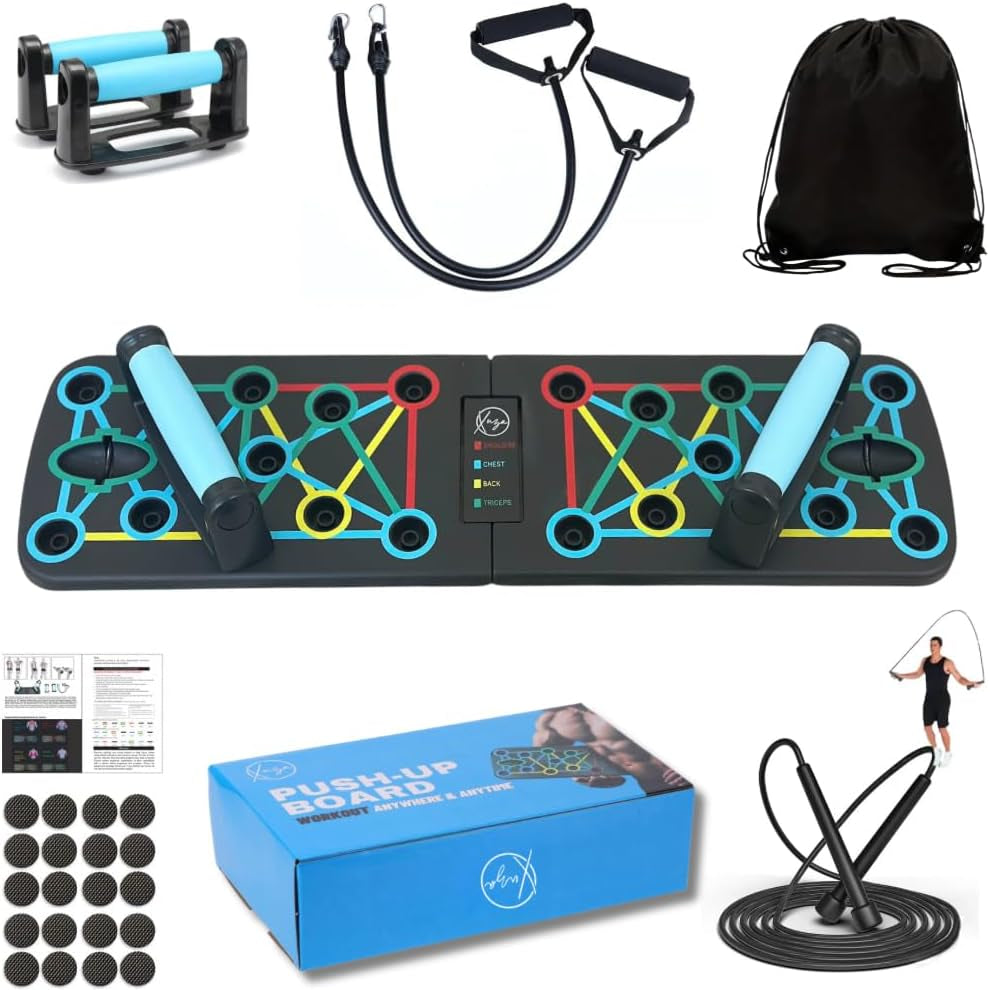 Push up Board with Jump Rope | Multi-Function Foldable Portable Press up Board - Ultimate Home Gym Set, Storage Bag, Resistance Bands & Workout Guide - Great Gift for Men & Women