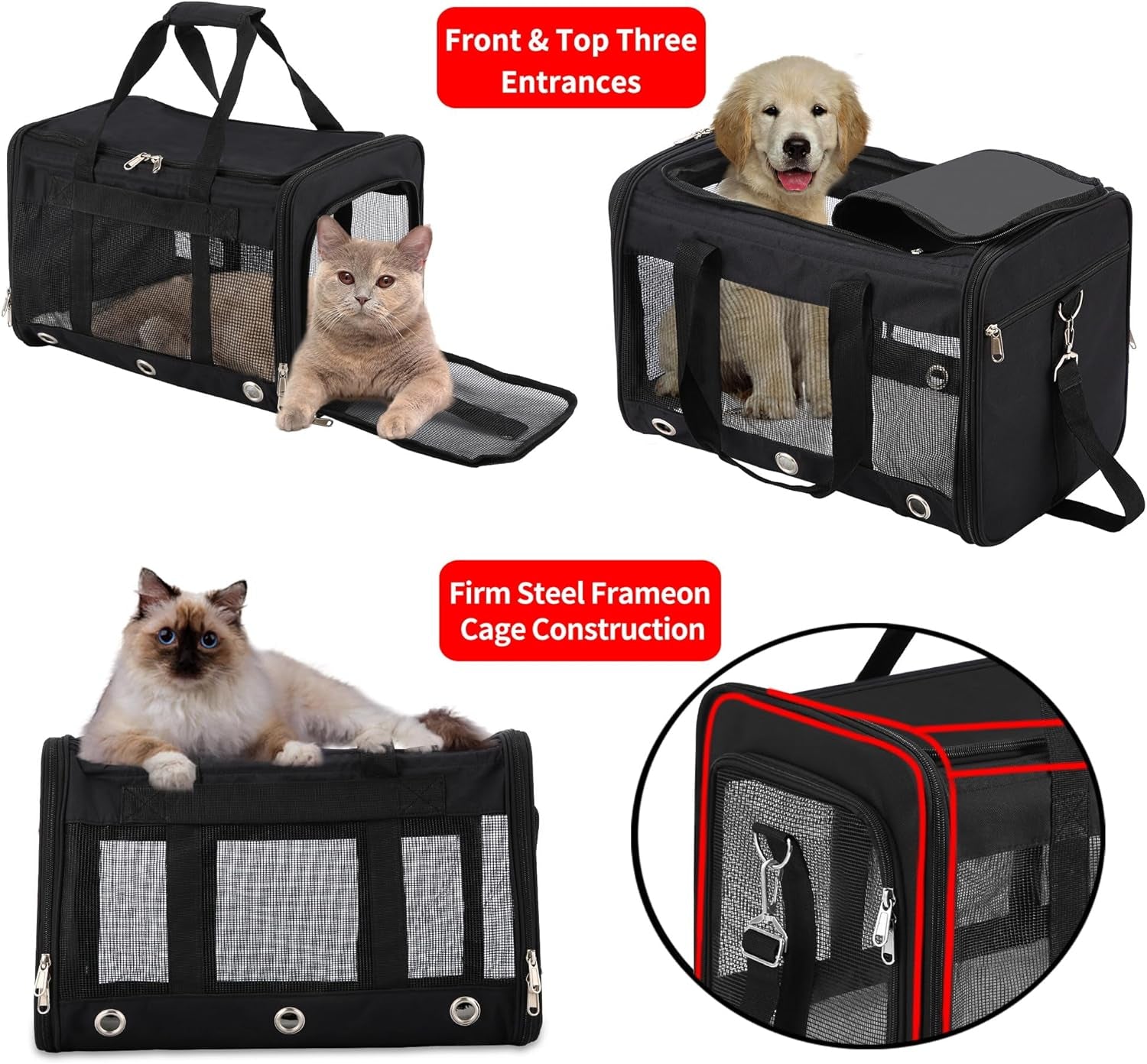 Dycietx Soft Sided Foldable Cat/Dog/Pet/Puppy Carrier Bag, Portable Pets Travel Carriers for Cats/Dogs with Shoulder Strap & Removable Mat, Durable Cat Basket of 17 Lbs Airline Approved(Black, M)