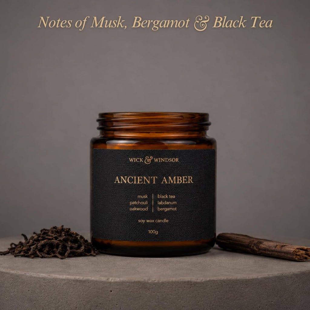 | Scented Candle Gift Set | Origins Collection | 3 Luxury Soy Wax Candles | Wooden Wick | 3×100G | Amber, Black Pepper & Sea Salt | Gift for Him - Birthday, Christmas & Father'S Day