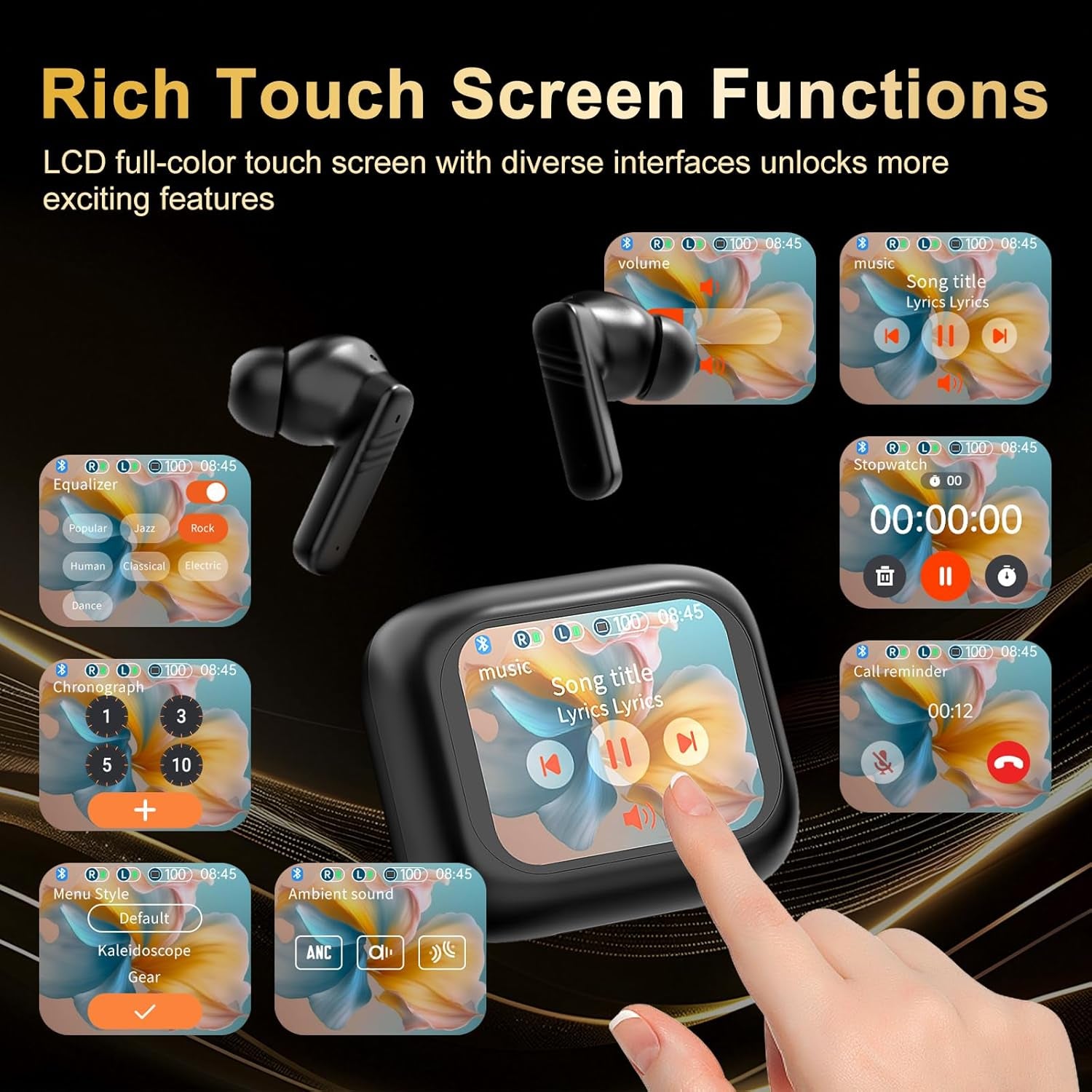 Wireless Earbuds with Smart Touch Screen, in Ear Headphones with 10Mm Drivers for Big Bass, 24H Playtime Hi-Fi Stereo Sound, ANC/ENC ​Noise Cancelling,Ipx5,Earphones for Iphone Android Sports​