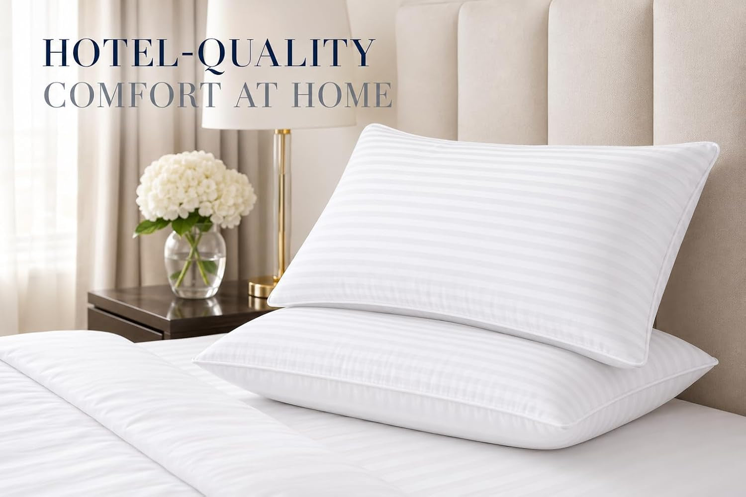 4 Pack Hotel Quality Stripe Pillow - Bounce Back Pillow Cotton Blend with Virgin Hollowfibre - Firm Support anti Allergy Machine Washable - 48X74Cm White Stripe - Pack of 4