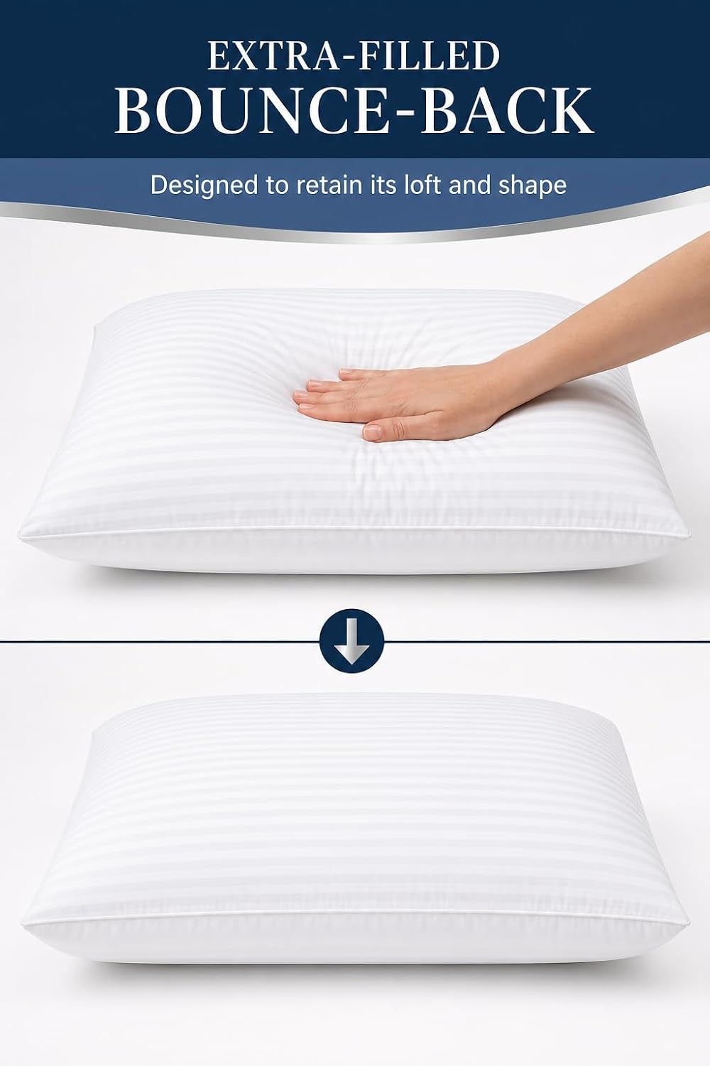 4 Pack Hotel Quality Stripe Pillow - Bounce Back Pillow Cotton Blend with Virgin Hollowfibre - Firm Support anti Allergy Machine Washable - 48X74Cm White Stripe - Pack of 4