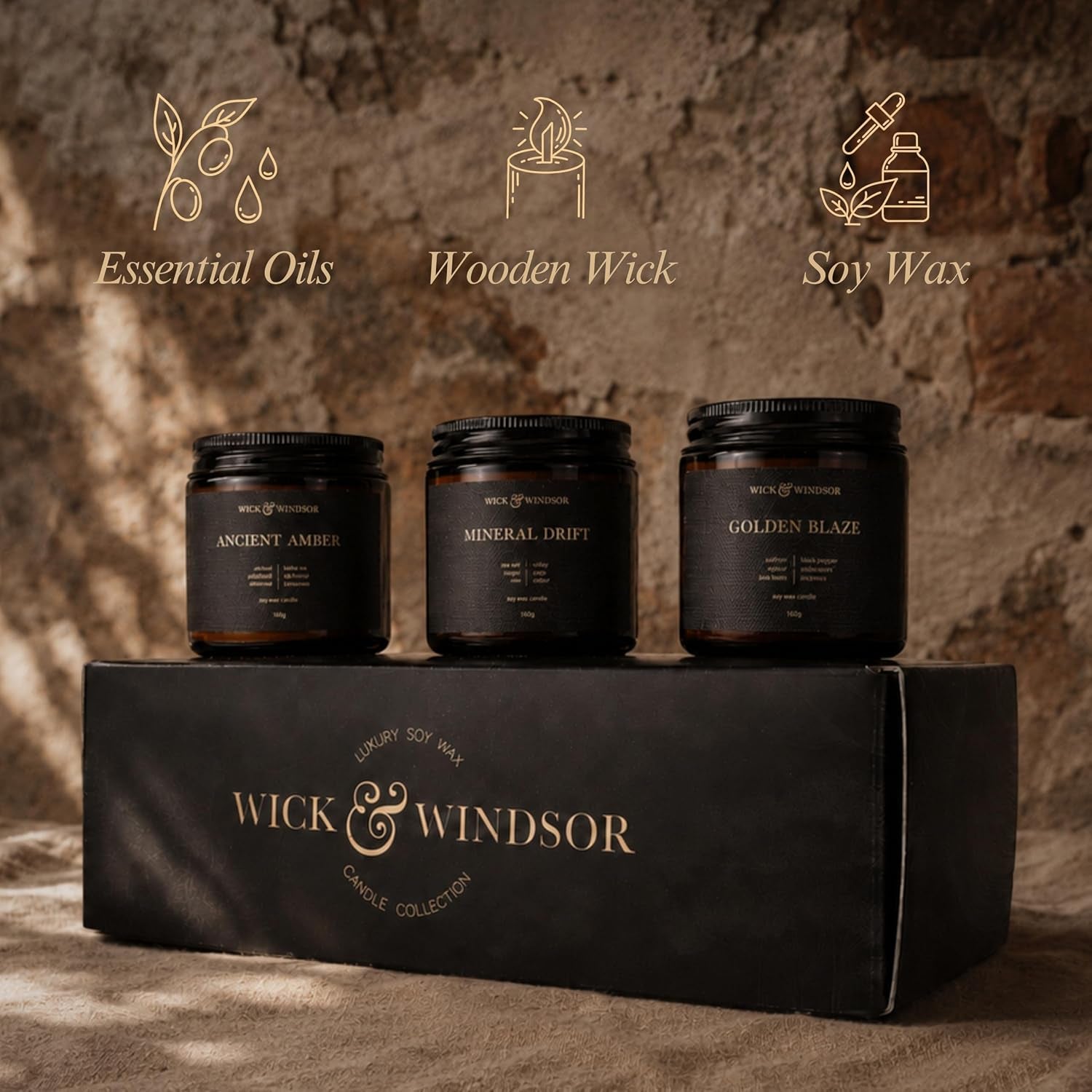 | Scented Candle Gift Set | Origins Collection | 3 Luxury Soy Wax Candles | Wooden Wick | 3×100G | Amber, Black Pepper & Sea Salt | Gift for Him - Birthday, Christmas & Father'S Day
